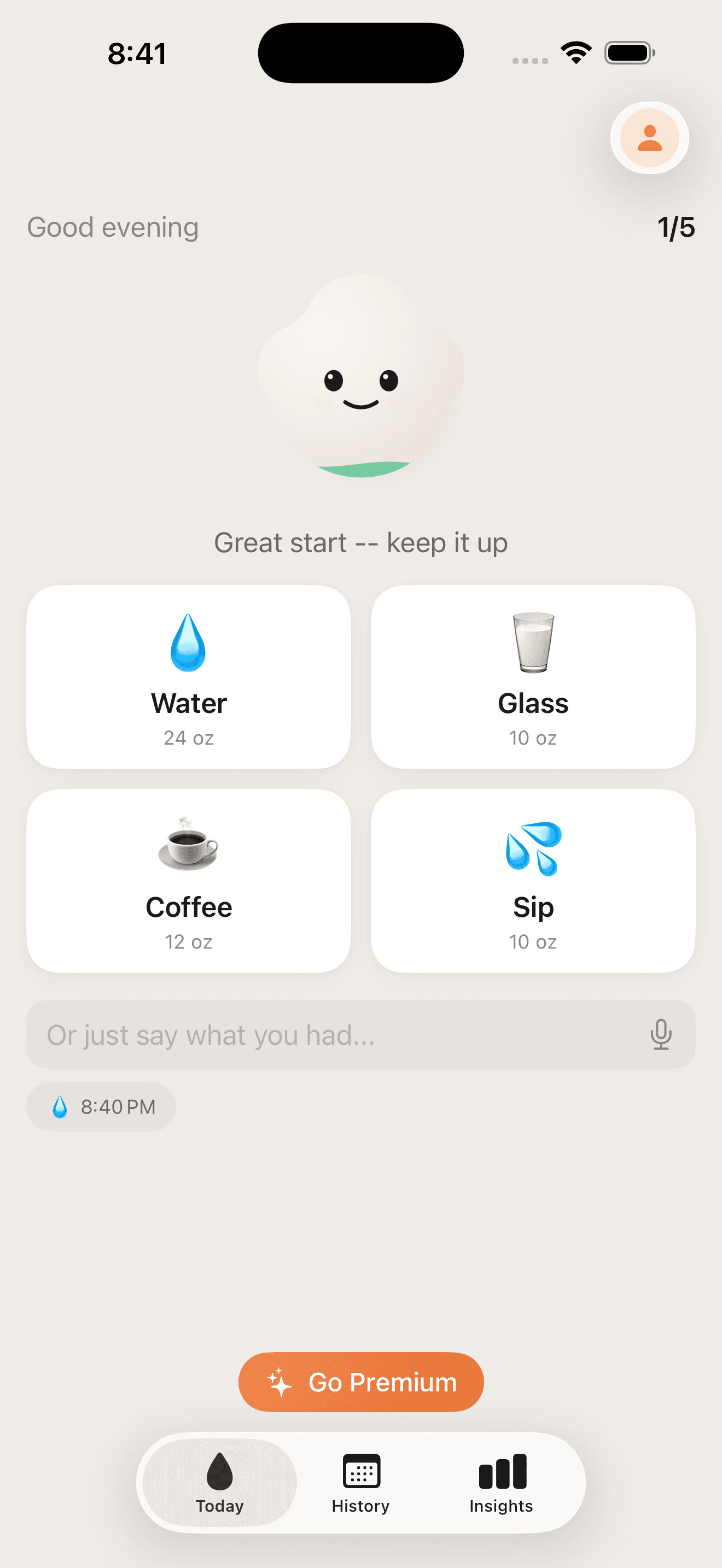 Waterd Today screen — log fluid intake with a few taps and watch the daily progress fill