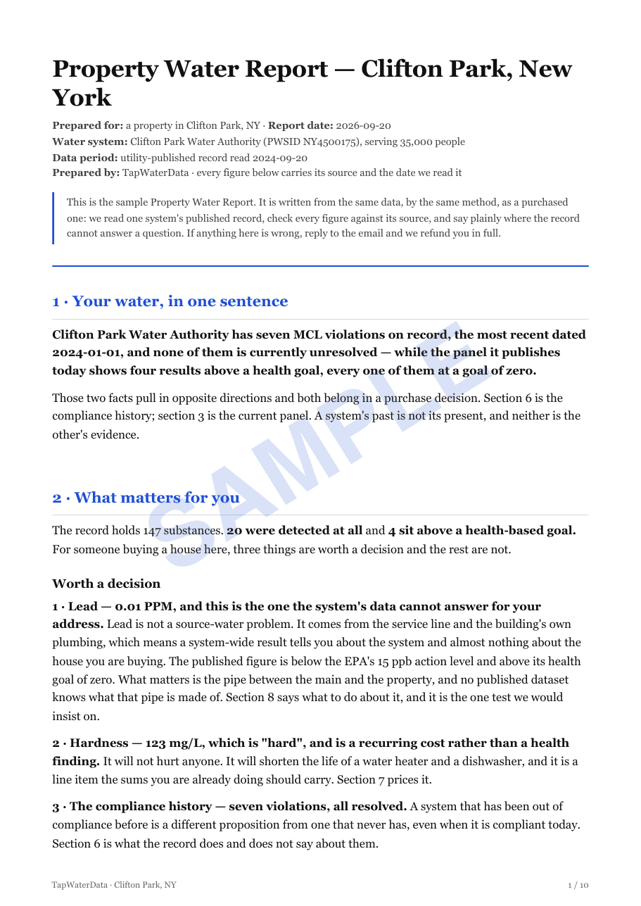 Page 1 of the Clifton Park property sample: the one-sentence verdict and the triage, opening with the lead finding the system's data cannot answer for one address.