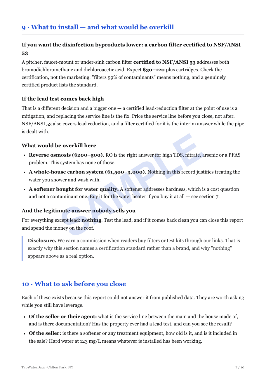Page 7 of the Clifton Park property sample: what to install and what would be overkill, and the questions to ask before closing on the property.