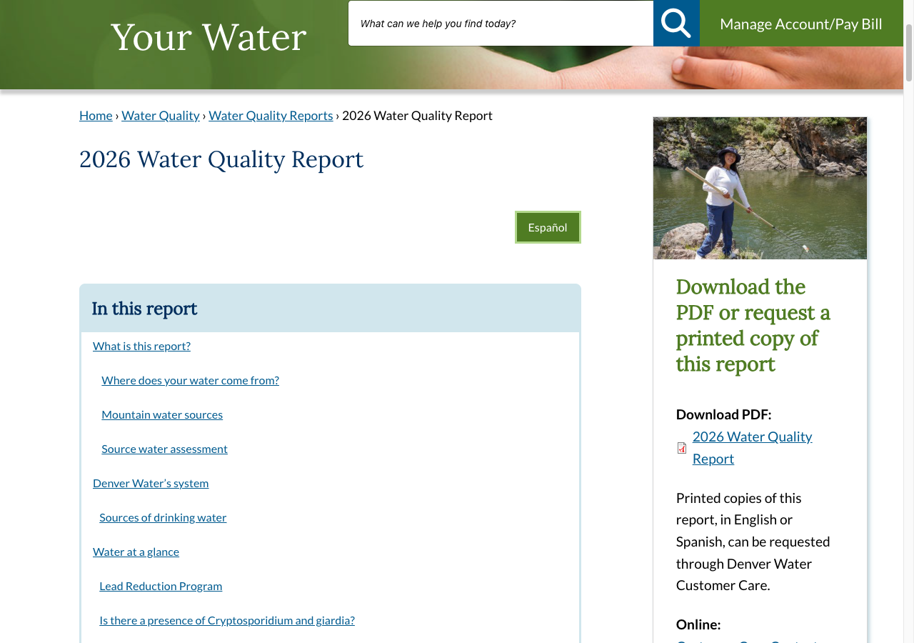 Denver Water's HTML 2026 report showing the 'In this report' jump-link navigation list beside a riverside photo and a 'Download the PDF' sidebar.