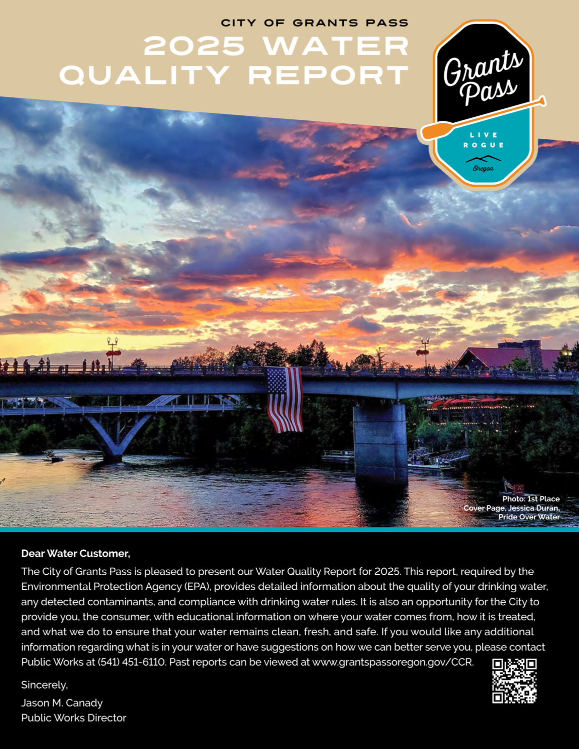 Grants Pass's 2025 report cover: a full-bleed, award-winning resident photo of the Rogue River at sunset beneath the report title.