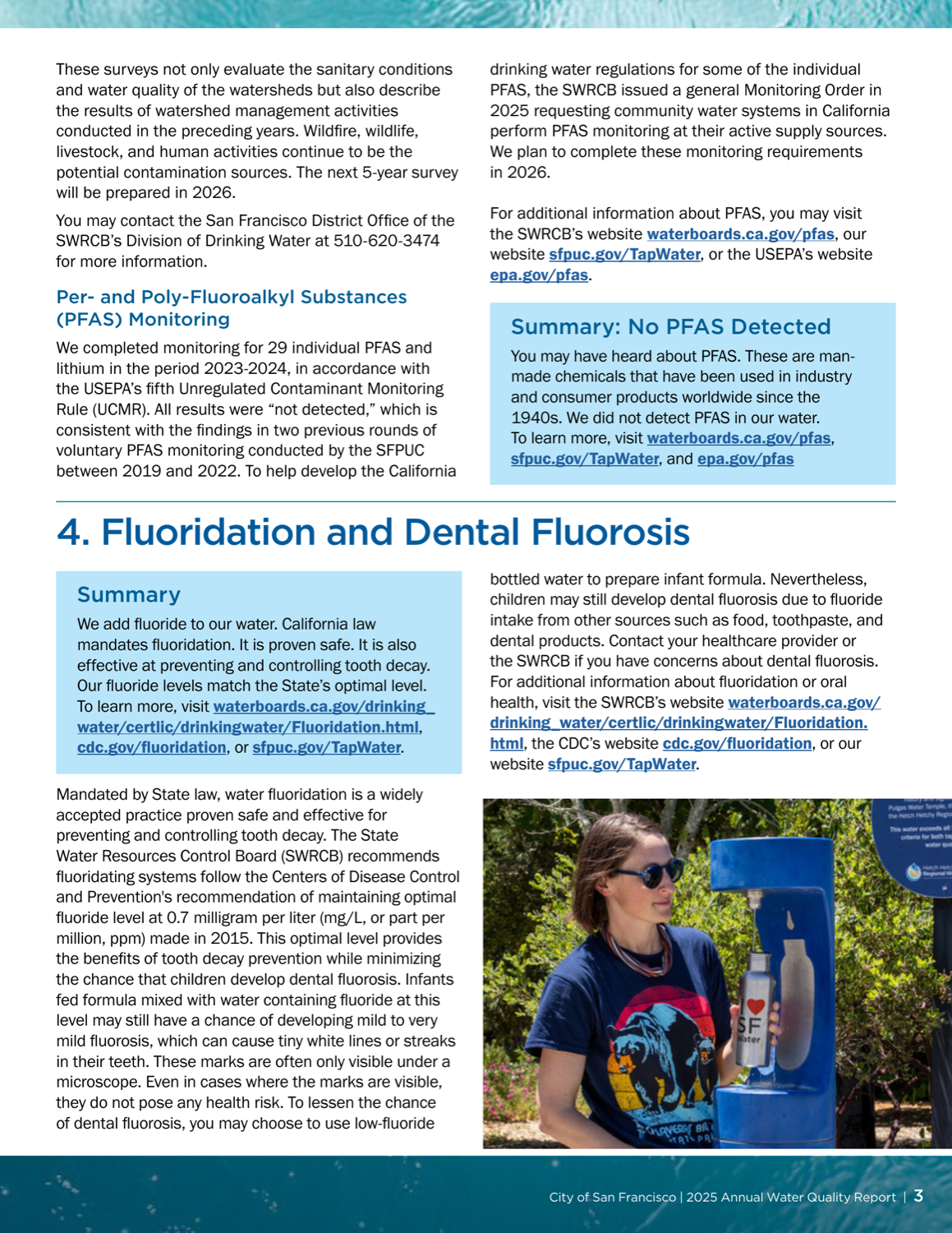 SFPUC's fluoridation and PFAS page featuring plain-language 'Summary' callout boxes, including a 'Summary: No PFAS Detected' box.
