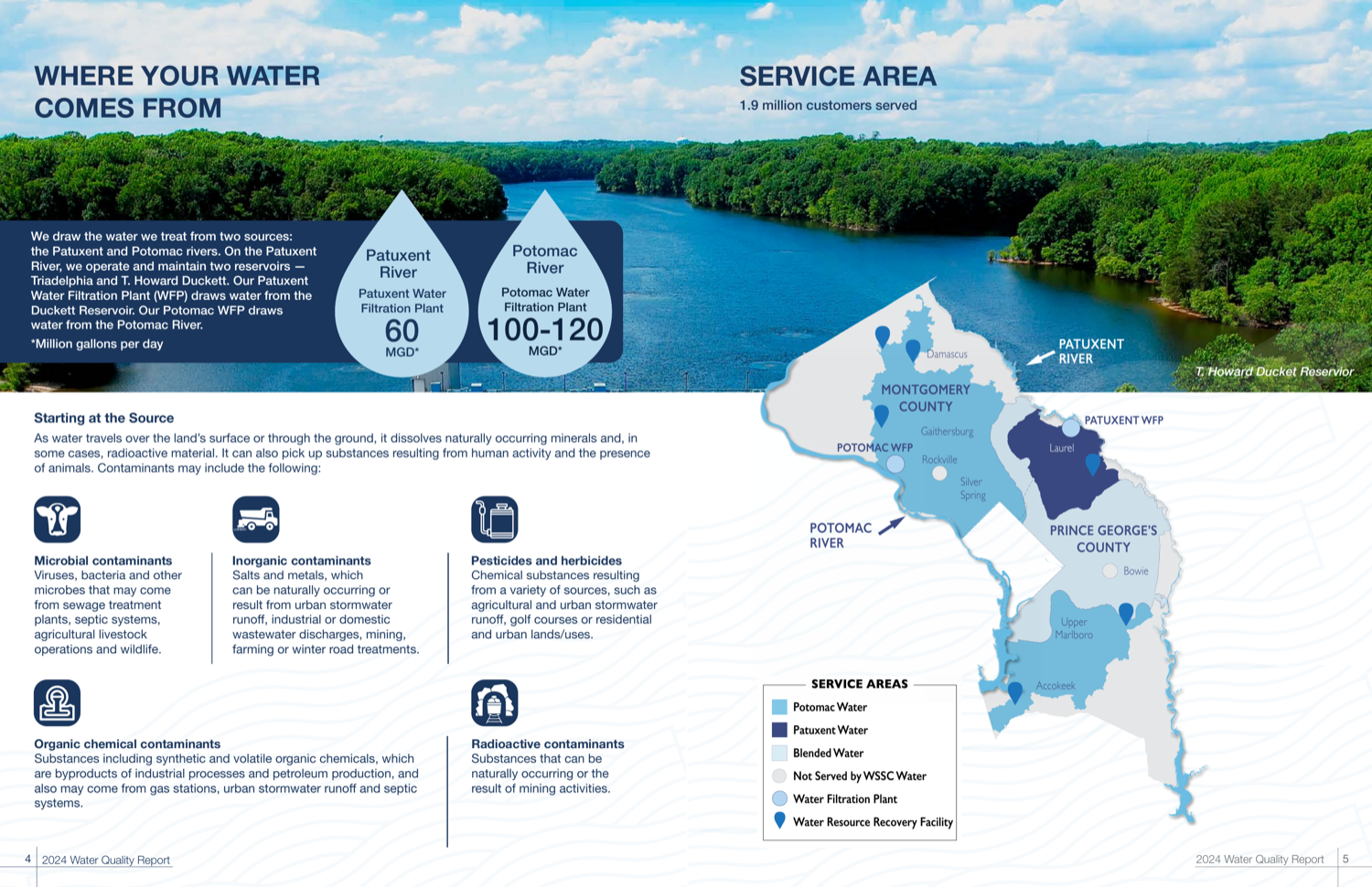 WSSC Water's 'Where Your Water Comes From / Service Area' magazine spread with water-drop stat callouts and a color-coded two-county service map.