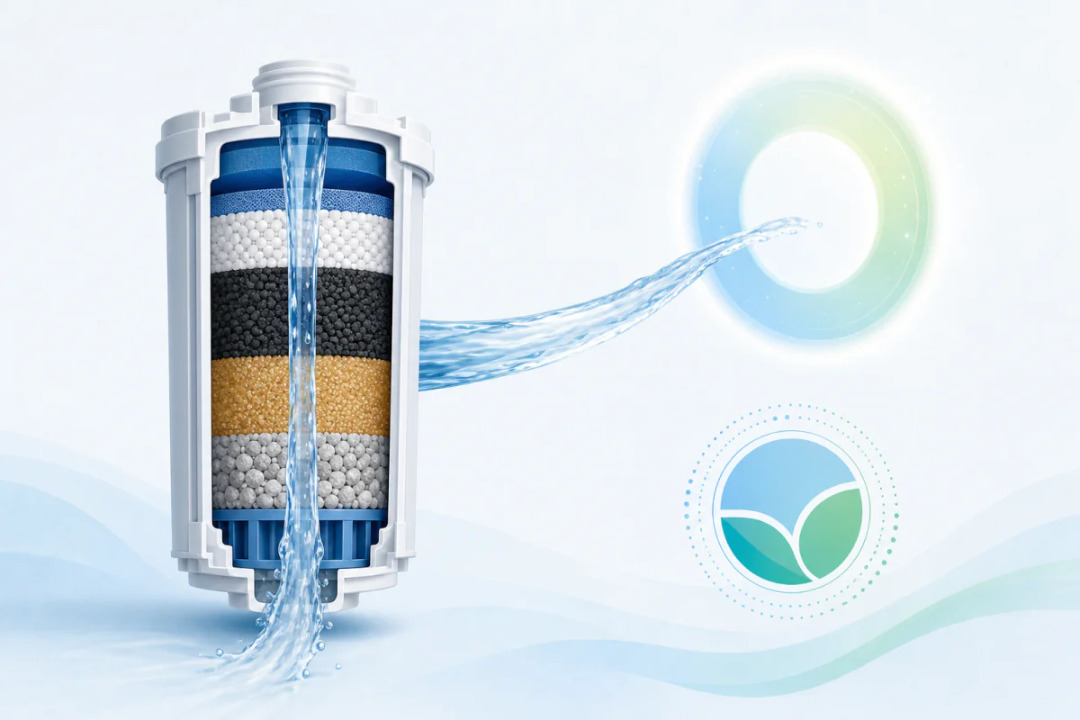 A cutaway water filter cartridge with water flowing through it toward a glowing ring-shaped target it approaches but doesn't fully reach, beside a certification seal.