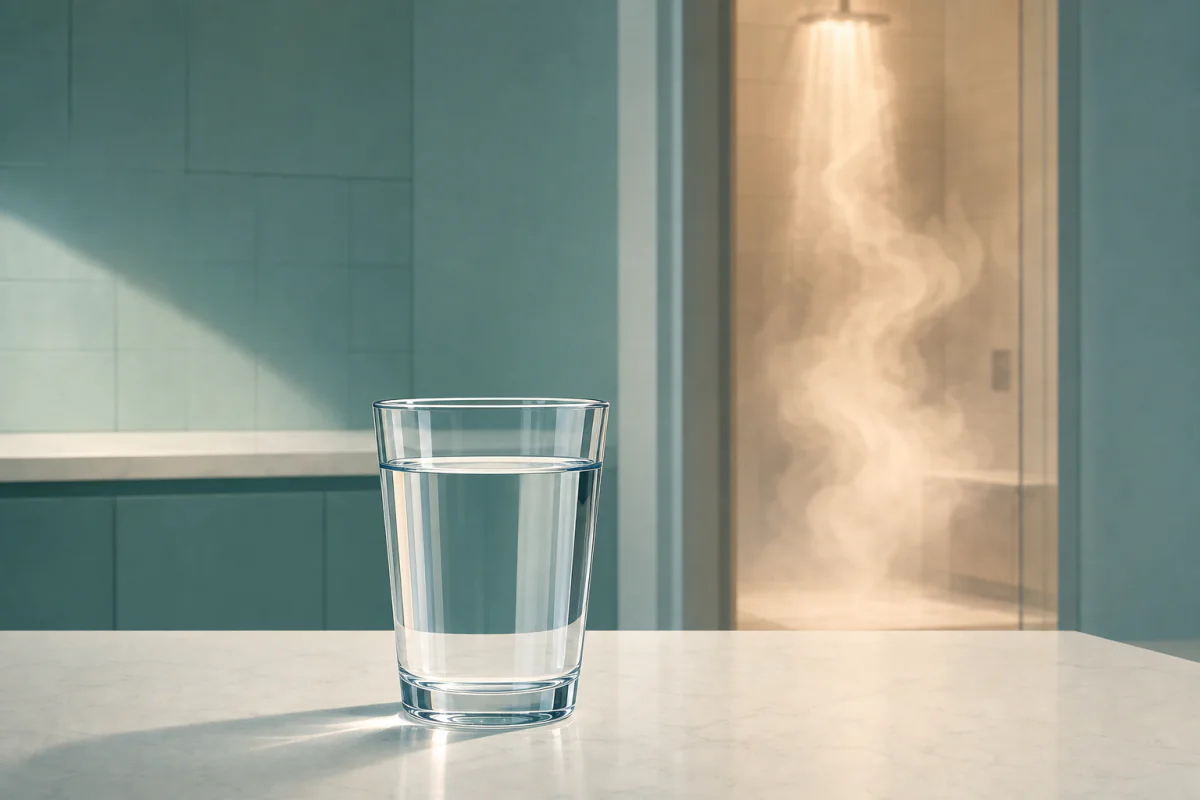 A clear glass of tap water on a counter with soft shower steam in the background.