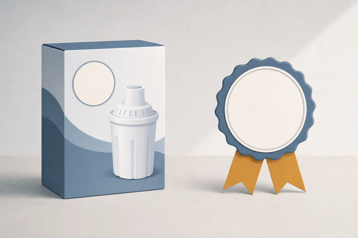 A filter box with a vague unlabeled badge beside a separate official certification seal, contrasting a marketing claim with a real third-party certification.