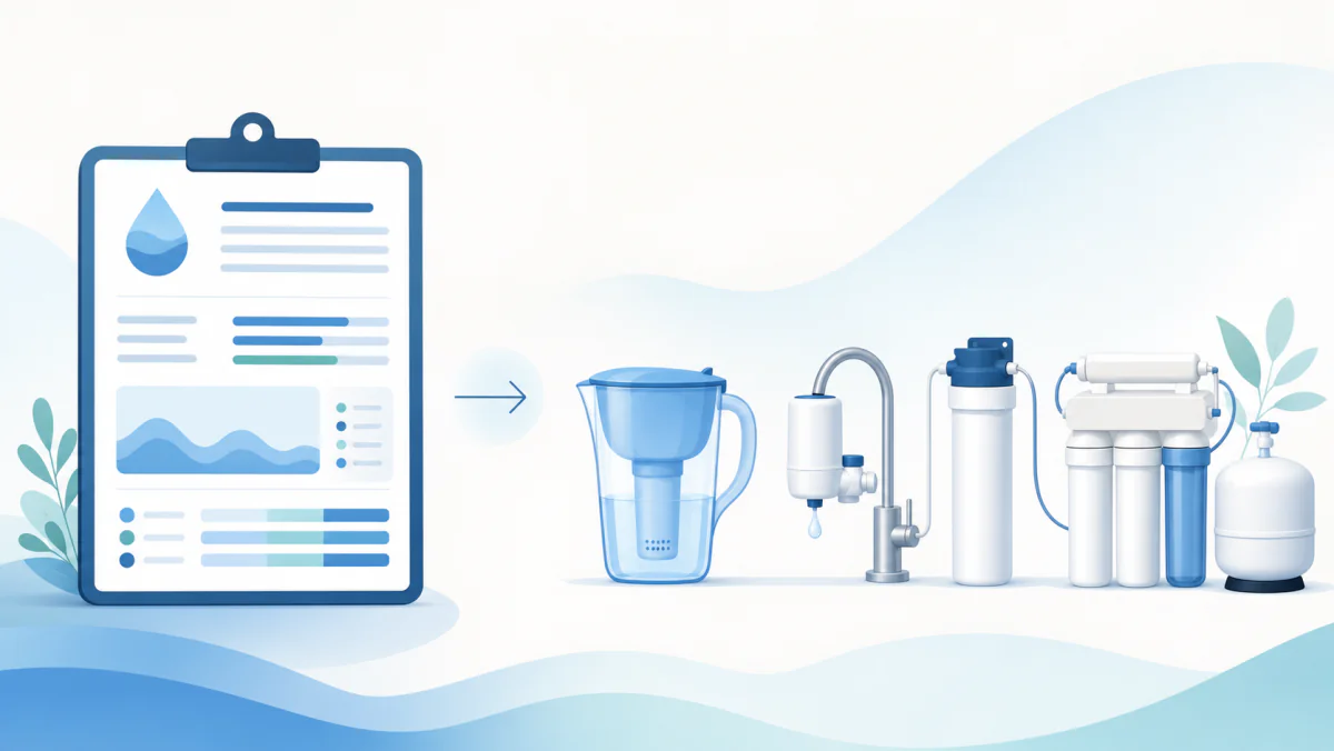 A water-quality report on the left and a row of home water filters on the right — a pour-through pitcher, a faucet-mount filter, an under-sink cartridge, and a reverse-osmosis unit.