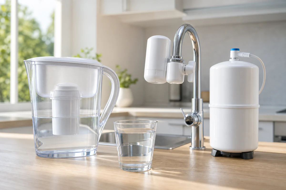 A sunlit kitchen counter with a lineup of water filters — a pour-through pitcher, a faucet-mounted filter, and an under-sink reverse-osmosis canister — beside a clear glass of water.