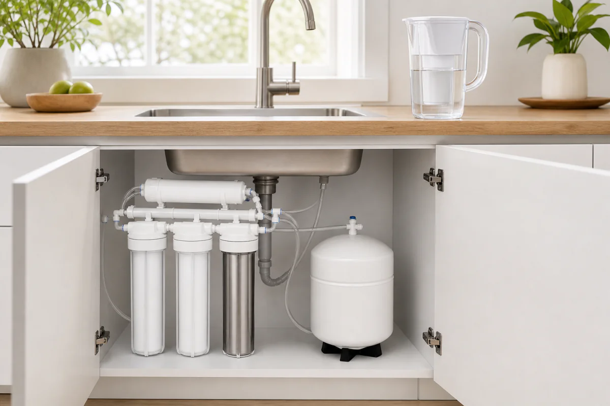 A reverse-osmosis under-sink system and a sub-micron carbon-block pitcher side by side on a kitchen counter, with a clear glass of filtered water in front of each.