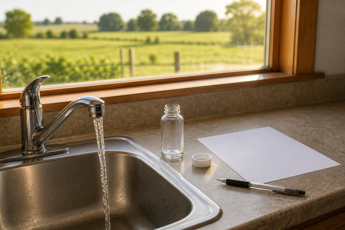 A rural kitchen sink in morning light with an empty sample bottle and screw cap on the counter beside the running tap.