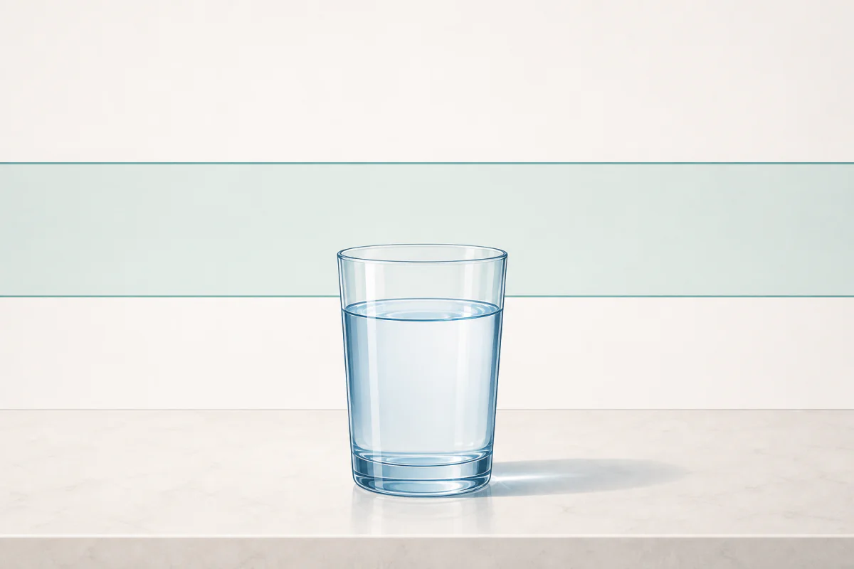 A single glass of water on a kitchen counter with two faint horizontal reference lines at different heights behind it and a shaded band between them, representing the gap between a legal limit and a health goal.