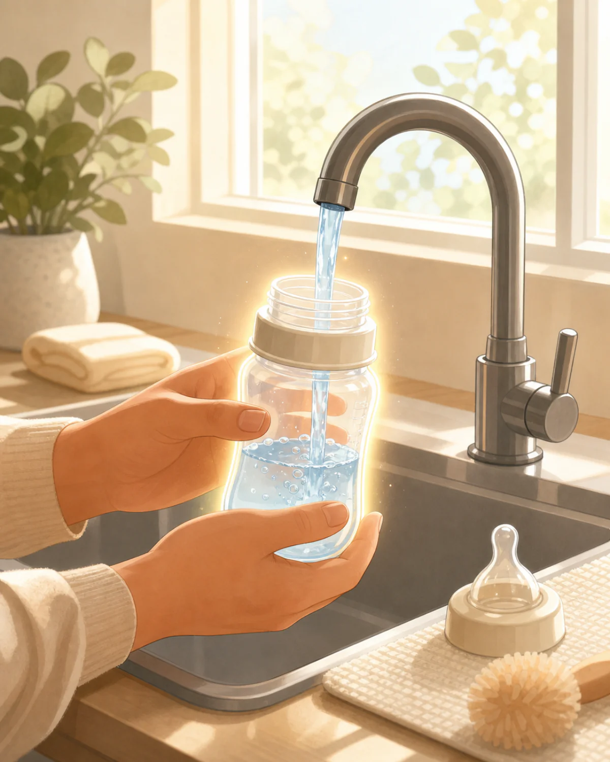 A parent's hands filling a baby bottle at a kitchen tap in warm light with a soft protective glow around the bottle.