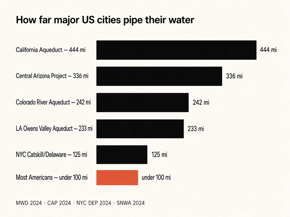 Horizontal bar chart comparing aqueduct distances: California Aqueduct 444 mi, Central Arizona Project 336 mi, Colorado River Aqueduct 242 mi, Owens Valley 233 mi, NYC Catskill/Delaware 125 mi, vs most Americans under 100 mi
