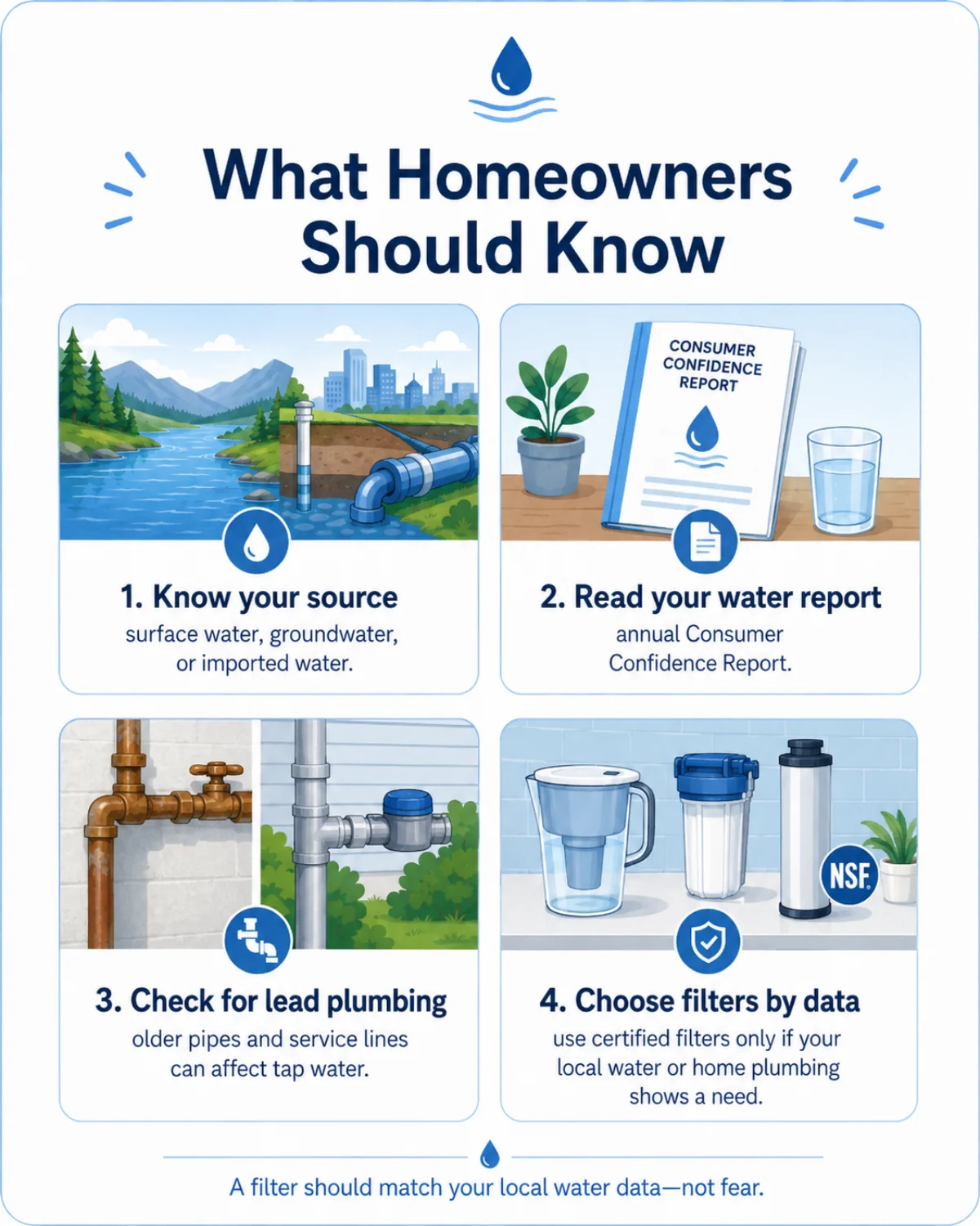 Infographic: What homeowners should know β know your source, read your water report, check for lead plumbing, and choose filters by data. A filter should match your local water data, not fear.