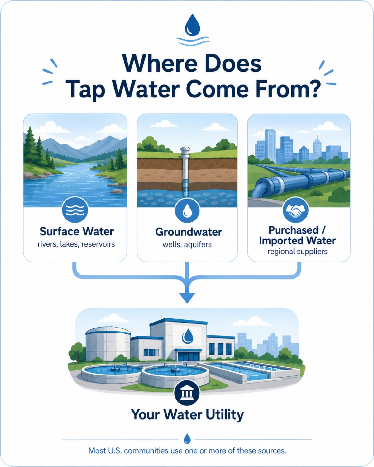 Infographic: Where does tap water come from? Surface water (rivers, lakes, reservoirs), groundwater (wells, aquifers), and purchased/imported water from regional suppliers, all feeding into a local water utility.