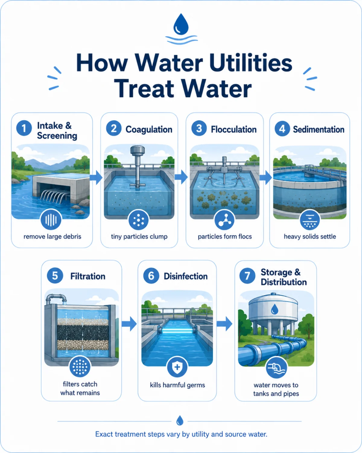 Infographic: How water utilities treat water β the 7 steps from intake and screening through coagulation, flocculation, sedimentation, filtration, disinfection, and storage and distribution.