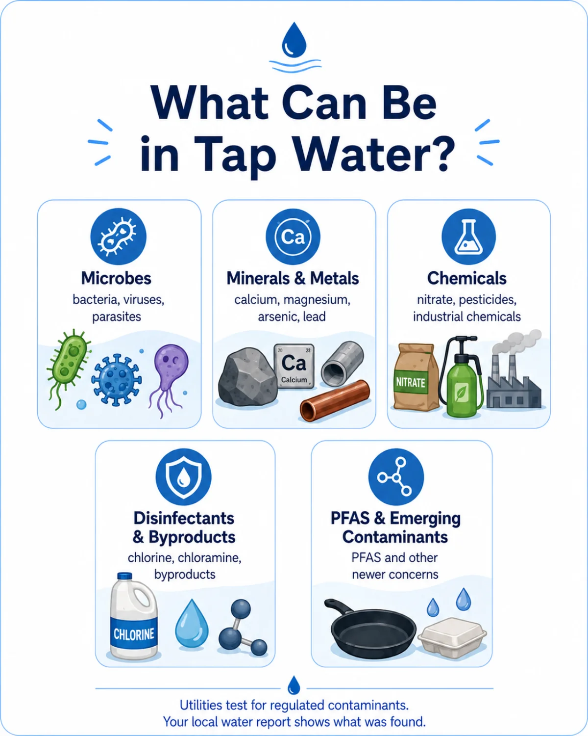 Infographic: What can be in tap water? Five categories β microbes (bacteria, viruses, parasites), minerals and metals (calcium, magnesium, arsenic, lead), chemicals (nitrate, pesticides, industrial chemicals), disinfectants and byproducts (chlorine, chloramine), and PFAS and emerging contaminants.
