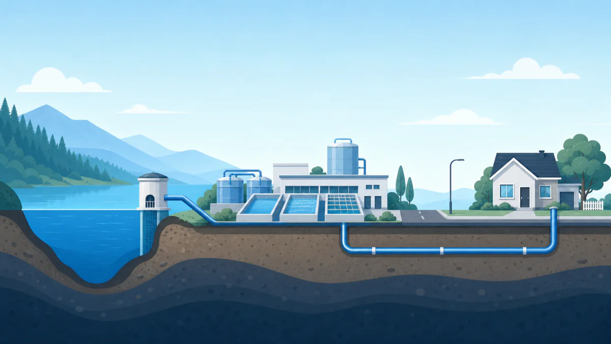 Cross-section illustration of a municipal water system: a reservoir, a treatment plant, an underground main running beneath a street, and a single home.