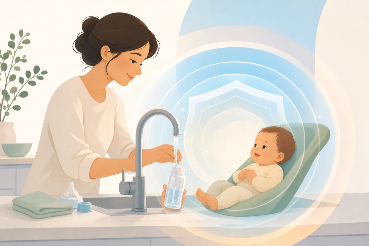 A parent filling a baby's bottle at a kitchen tap, surrounded by soft protective layers, representing the agencies and the parent who protect a child's drinking water.