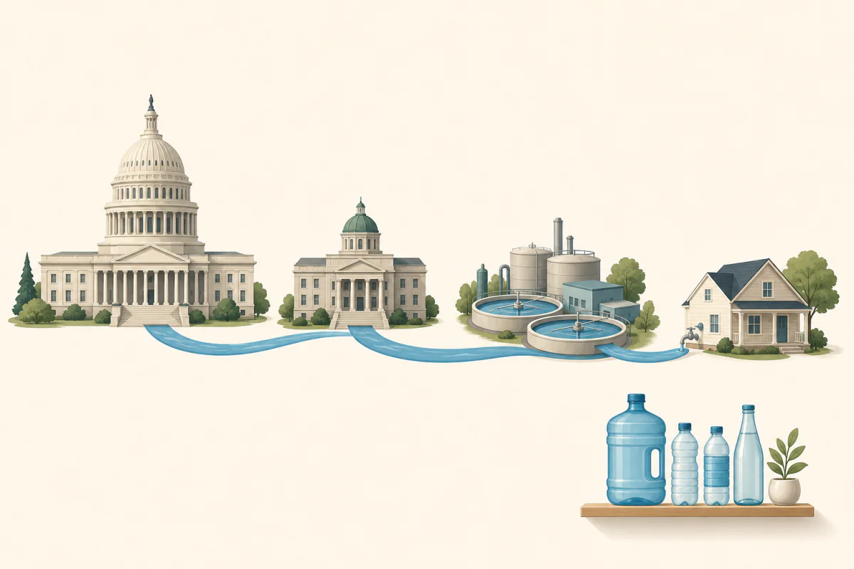 Federal, state, utility and household buildings connected by a single stream of water, with a separate bottled-water shelf set apart, marking who is responsible at each stage.
