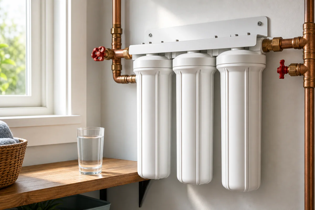 A bright utility wall where the household water main enters, with a three-stage whole-house filter housing plumbed into copper pipe and a clear glass of water on a shelf beside it.